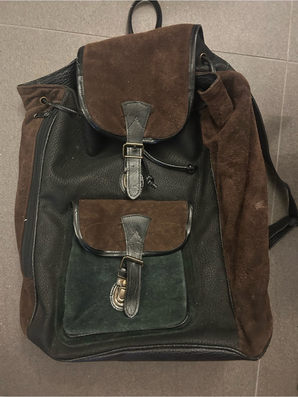 Unbranded Brown & Dark Green Leather Suede Backpack